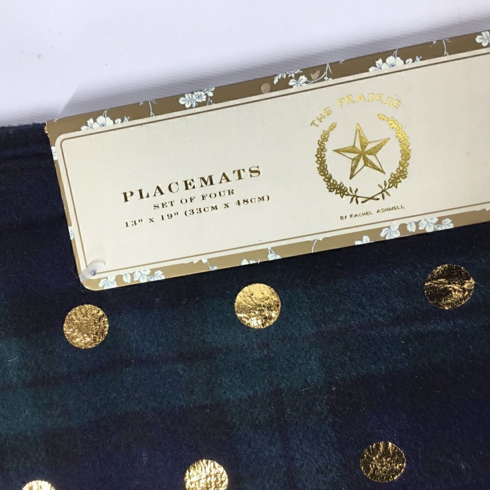 The Prairie Placemats NWT by Rachel Ashwell NEW Set of 4 Plaid Gold Polka Dot